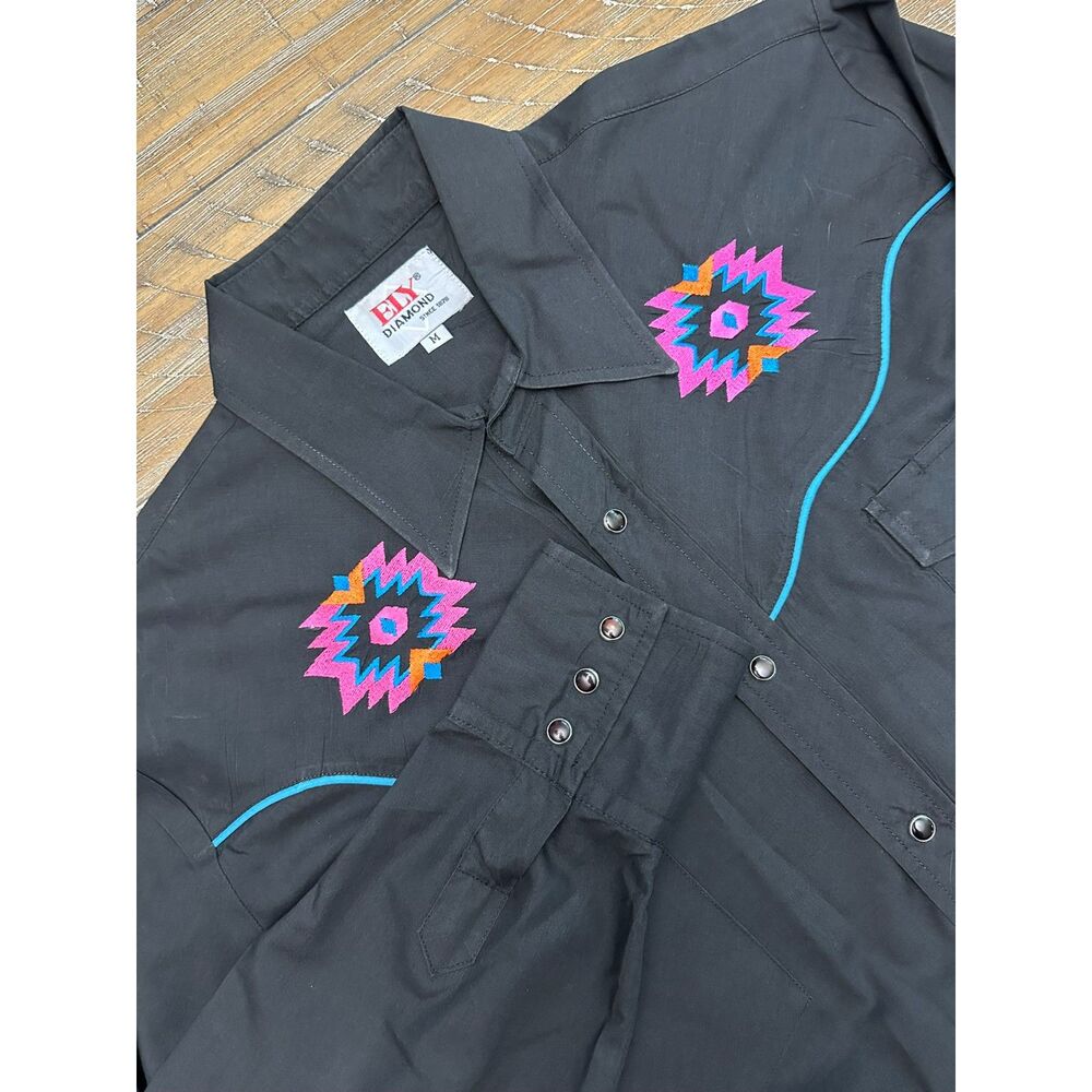 VINTAGE Ely Diamond Western Shirt Womens M Black Southwestern Snap Front